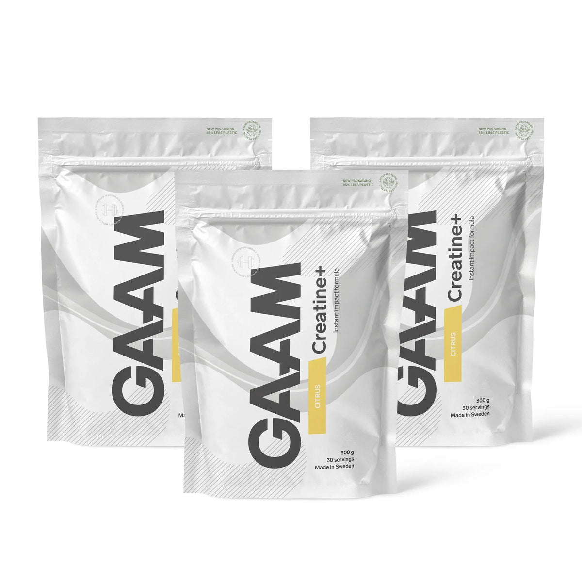 3 x GAAM Creatine+ 300 g i tre vita påsar med grå och gula detaljer för smaken Citrus., bild 1 av 1