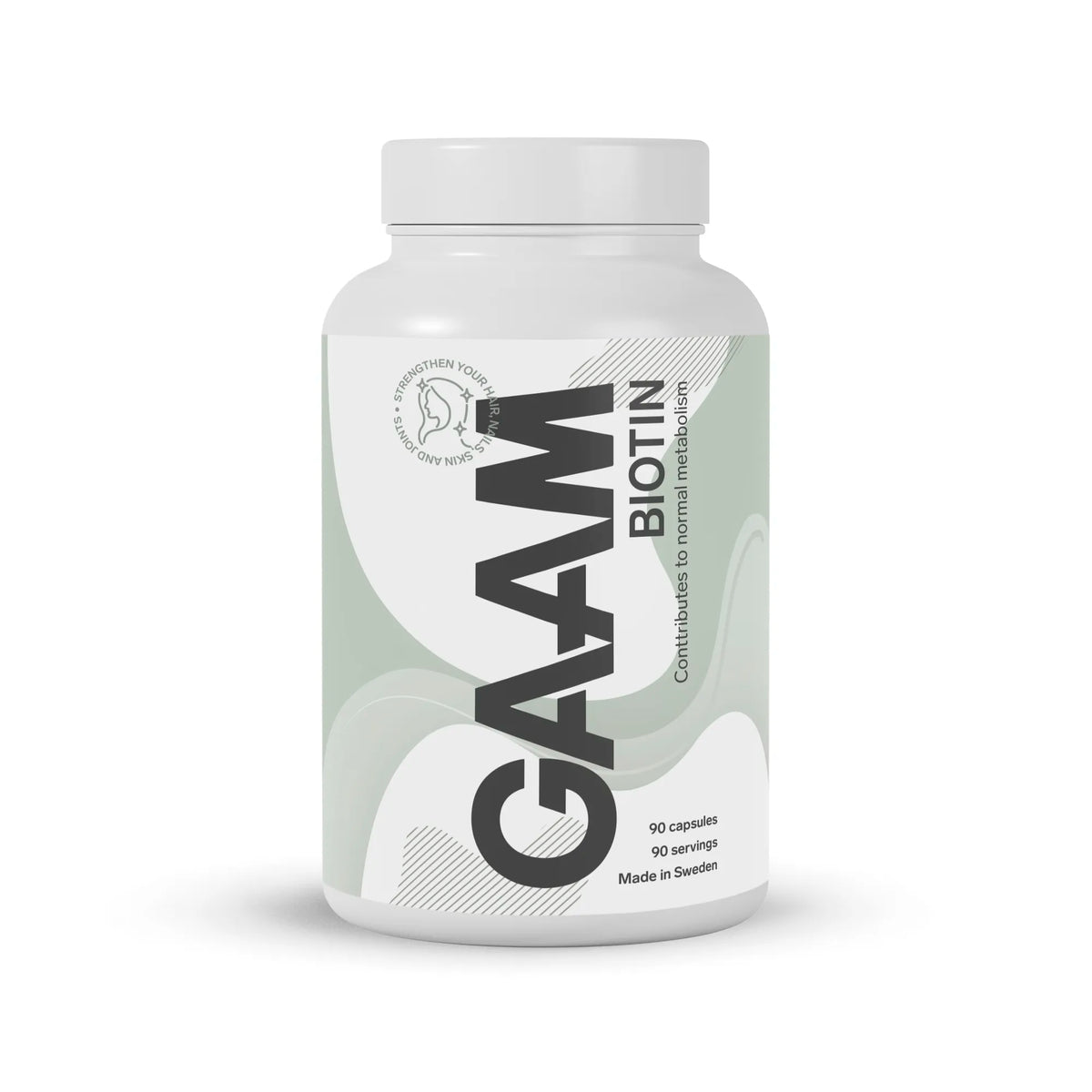 GAAM Biotin 90 caps i en vit plastburk med ljusgröna och vita grafiska detaljer.