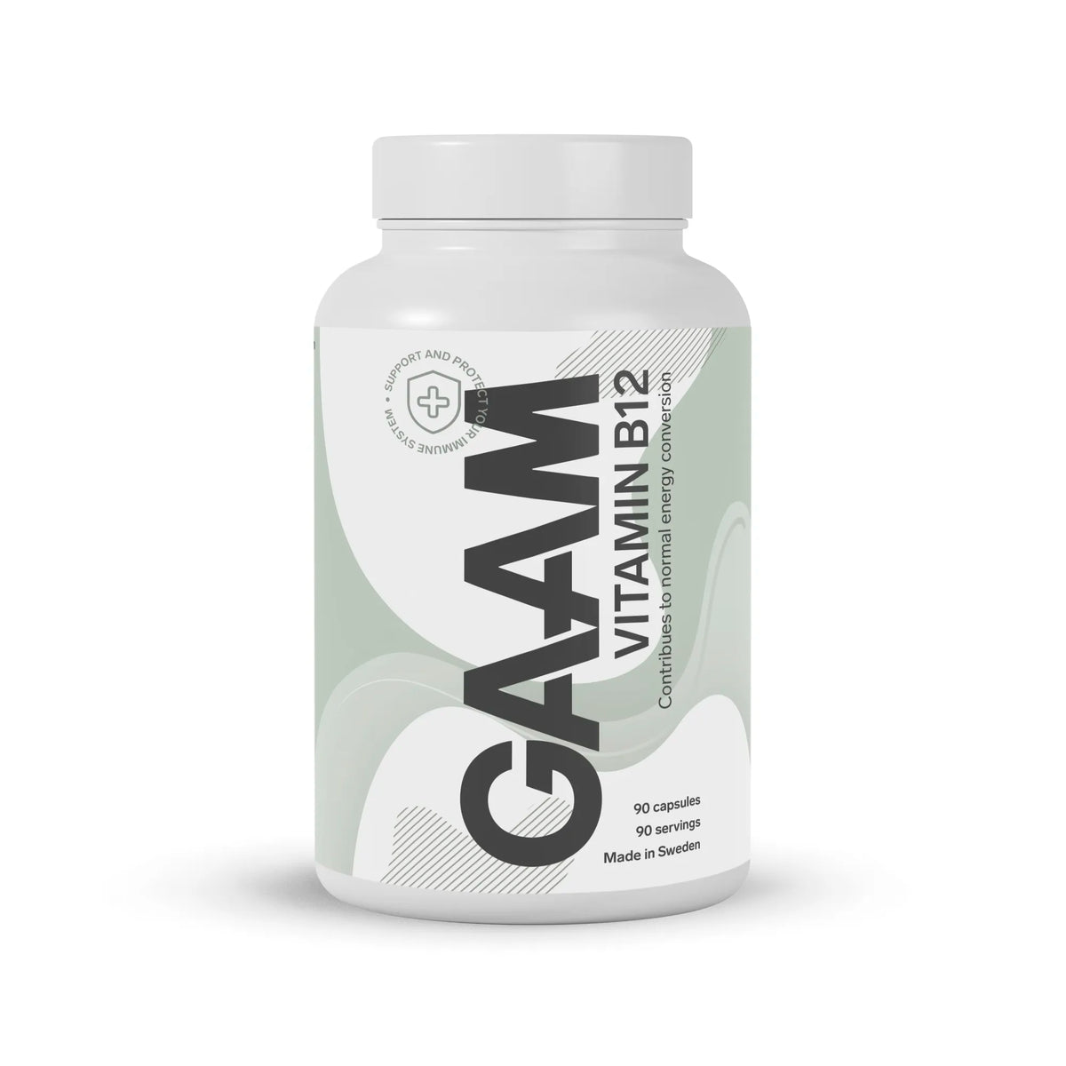 GAAM Vitamin B12 90 caps kosttillskott i en vit burk med ljusgröna grafiska detaljer.