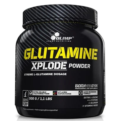 Olimp Glutamine Xplode 500 g aminosyrapulver, svart burk med gula och vita detaljer., bild 2 av 4