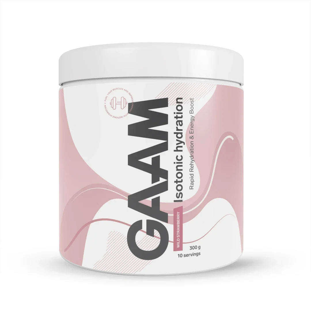 GAAM Isotonic Hydration 300 g sportdryckspulver i en vit burk med rosa detaljer för smaken Wild Strawberry.