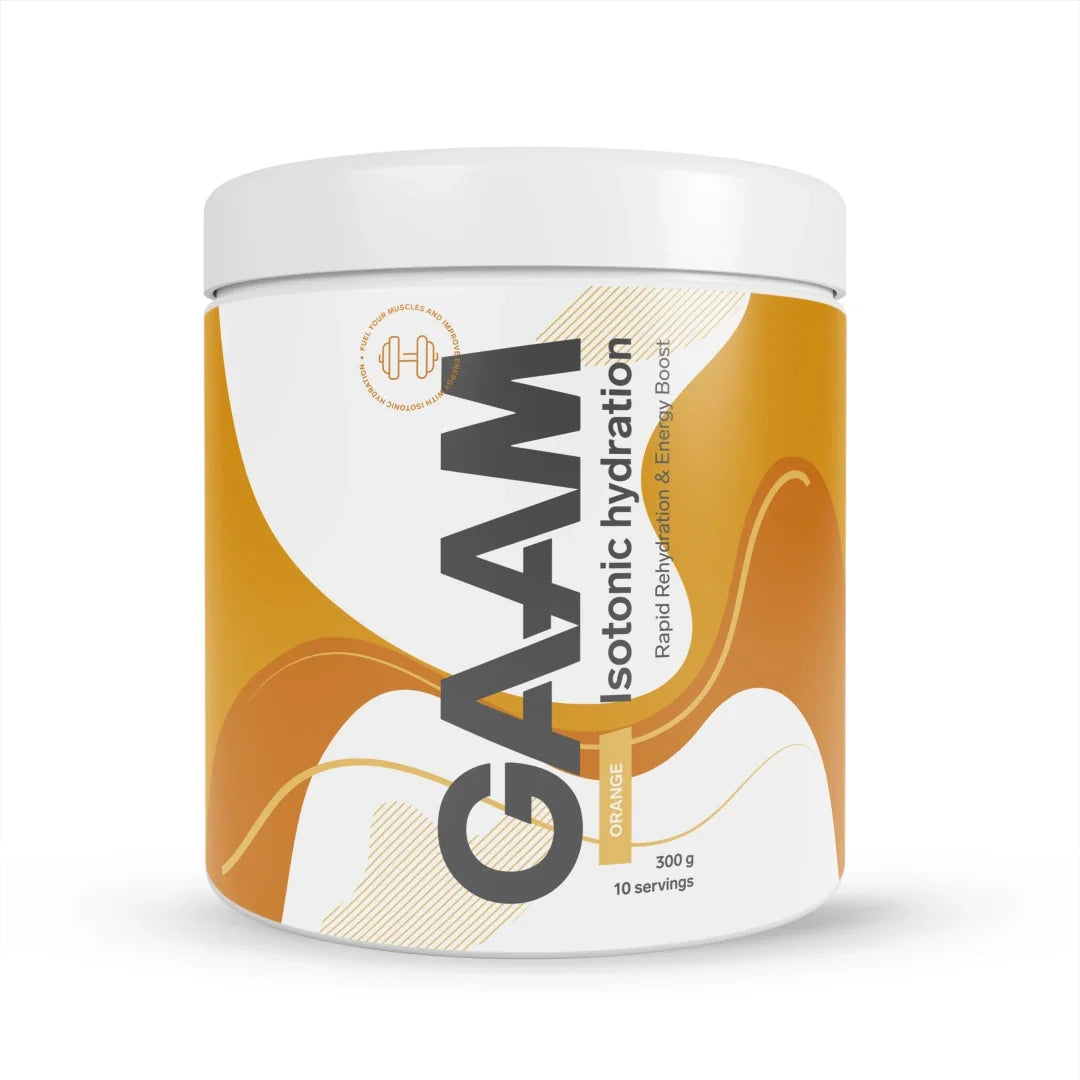 GAAM Isotonic Hydration 300 g sportdryck i en vit burk med orange detaljer för smaken Orange.
