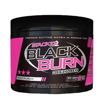 Black Burn Micronized 300 g fettförbrännare i pulverform från Stacker2, svart burk med rosa detaljer och smaken Fruit Punch.