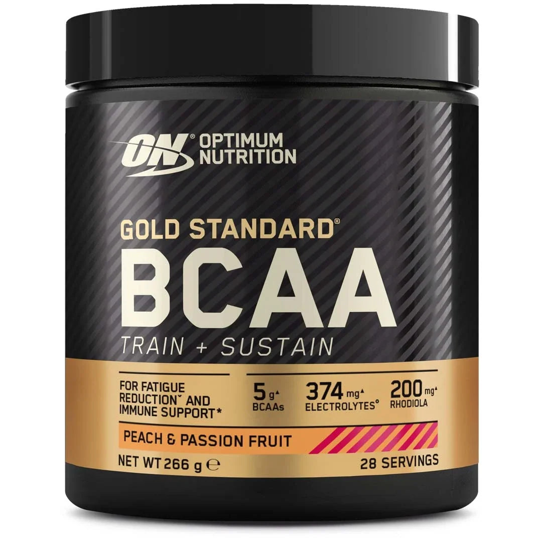 Optimum Nutrition Gold Standard BCAA 266 g aminosyror i en svart burk med guldiga detaljer för smaken Peach Passionfruit., bild 1 av 2