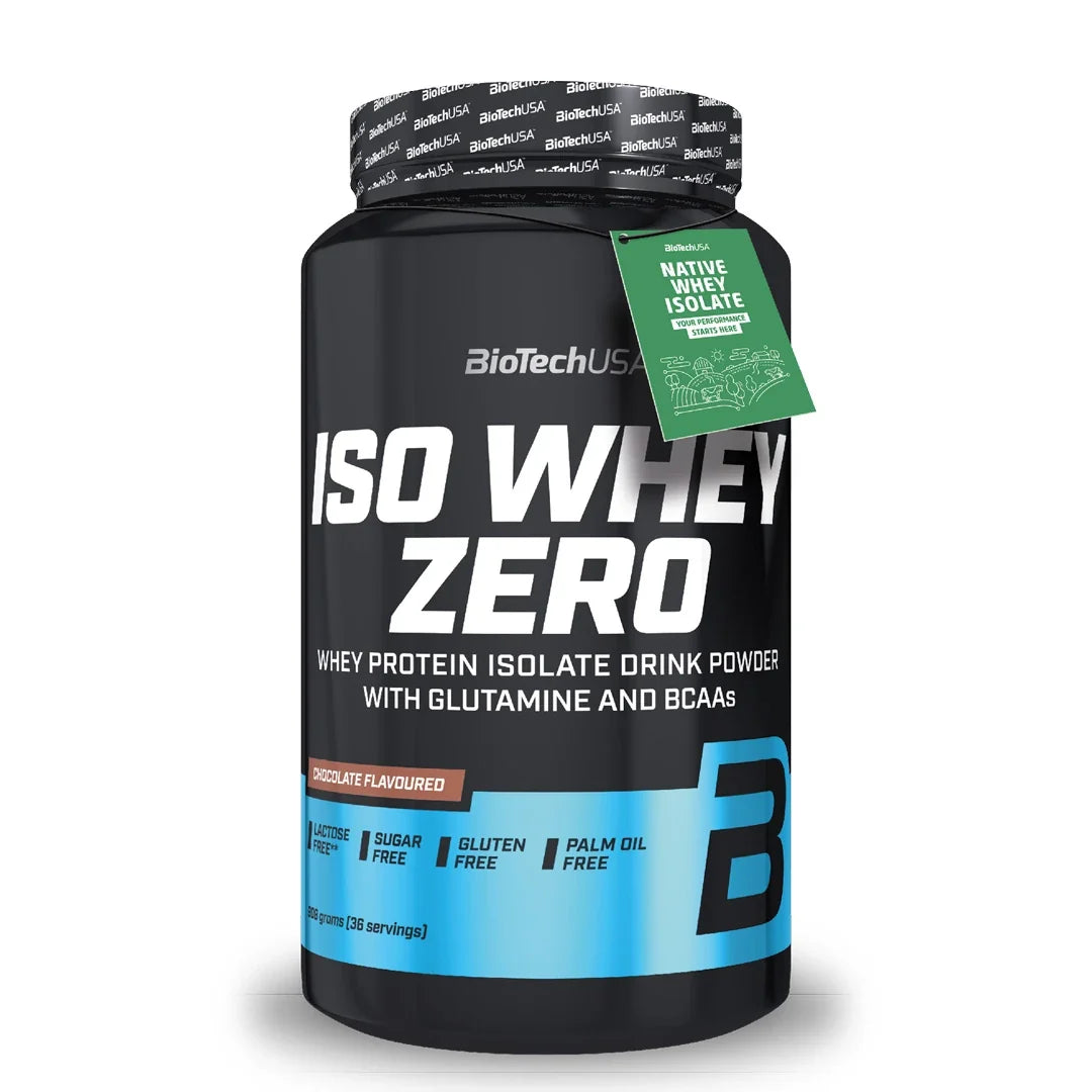 BioTechUSA Iso Whey Zero 908 g proteinpulver i en svart plastburk med blå detaljer och smaken Chocolate.