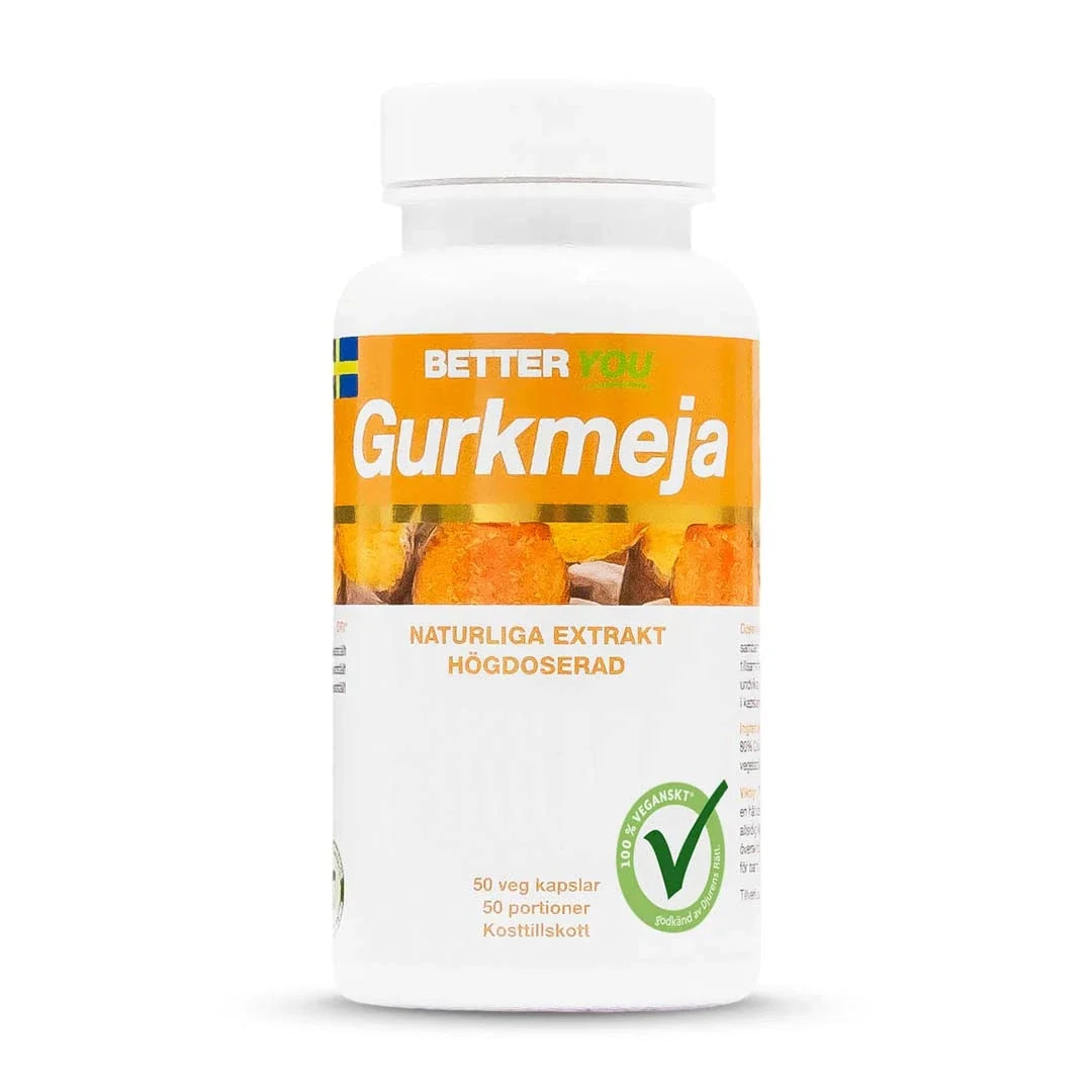 Better You Gurkmeja 50 caps kosttillskott i en vit burk med orange etikett och vegansk märkning., bild 1 av 1