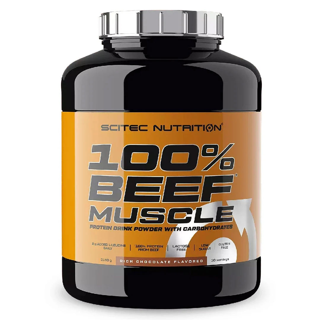 Scitec Nutrition 100% Beef Muscle 3.18 kg gainer i en svart burk med orange etikett, smak Rich Chocolate., bild 1 av 1