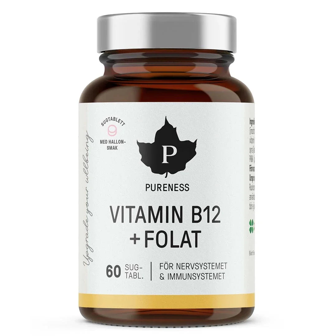 Pureness Vitamin B12 + Folat 60 tabs sugtabletter i en mörkbrun burk med silverlock och vit etikett., bild 1 av 1