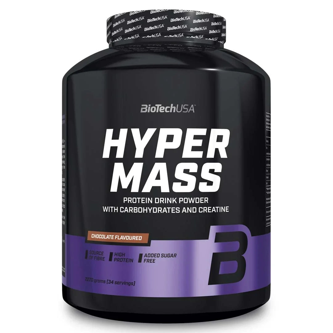 BioTechUSA Hyper Mass 2.27 kg gainer i chokladsmak, förpackad i en svart burk med lila detaljer.
