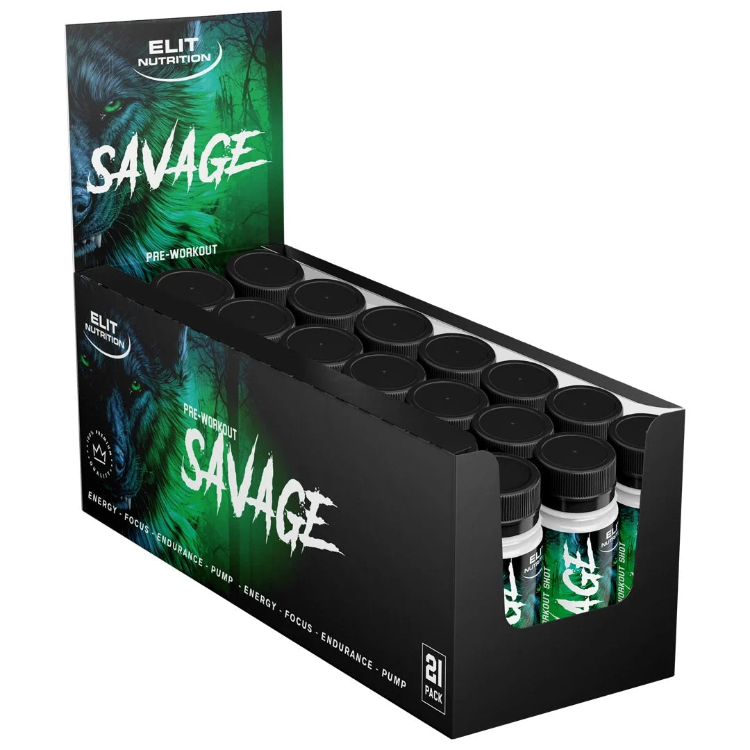 21 x Elit Nutrition Savage PWO Shot Mixpack 60 ml i en svart displaylåda med ett grönt vargmotiv., bild 1 av 1