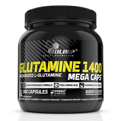 Olimp Glutamine 1400 Mega Caps 300 caps kosttillskott i en svart burk med gul och vit text., bild 1 av 1