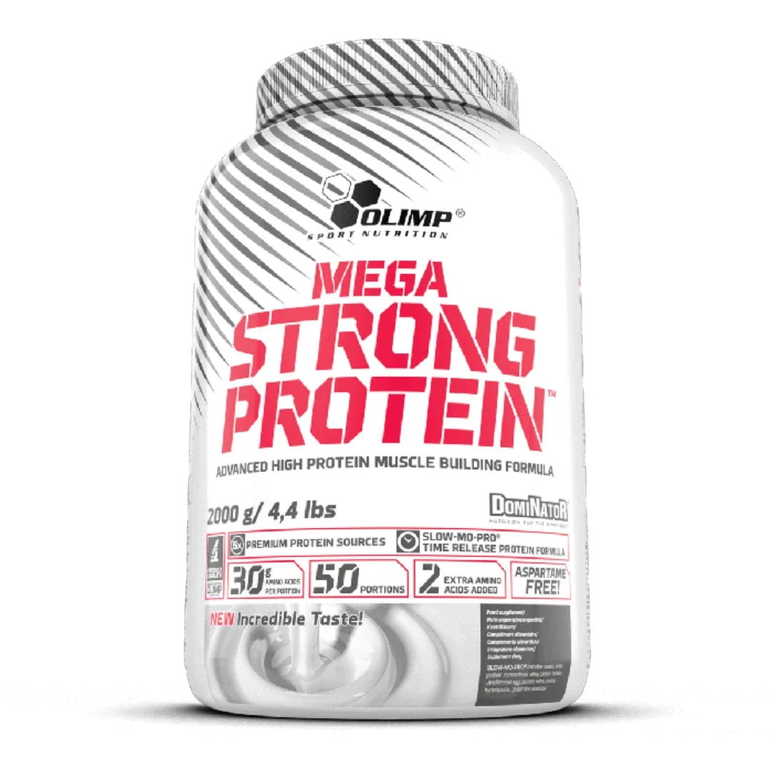 Olimp Dominator Mega Strong Protein 2 kg i en vit burk med röda och gråa detaljer.