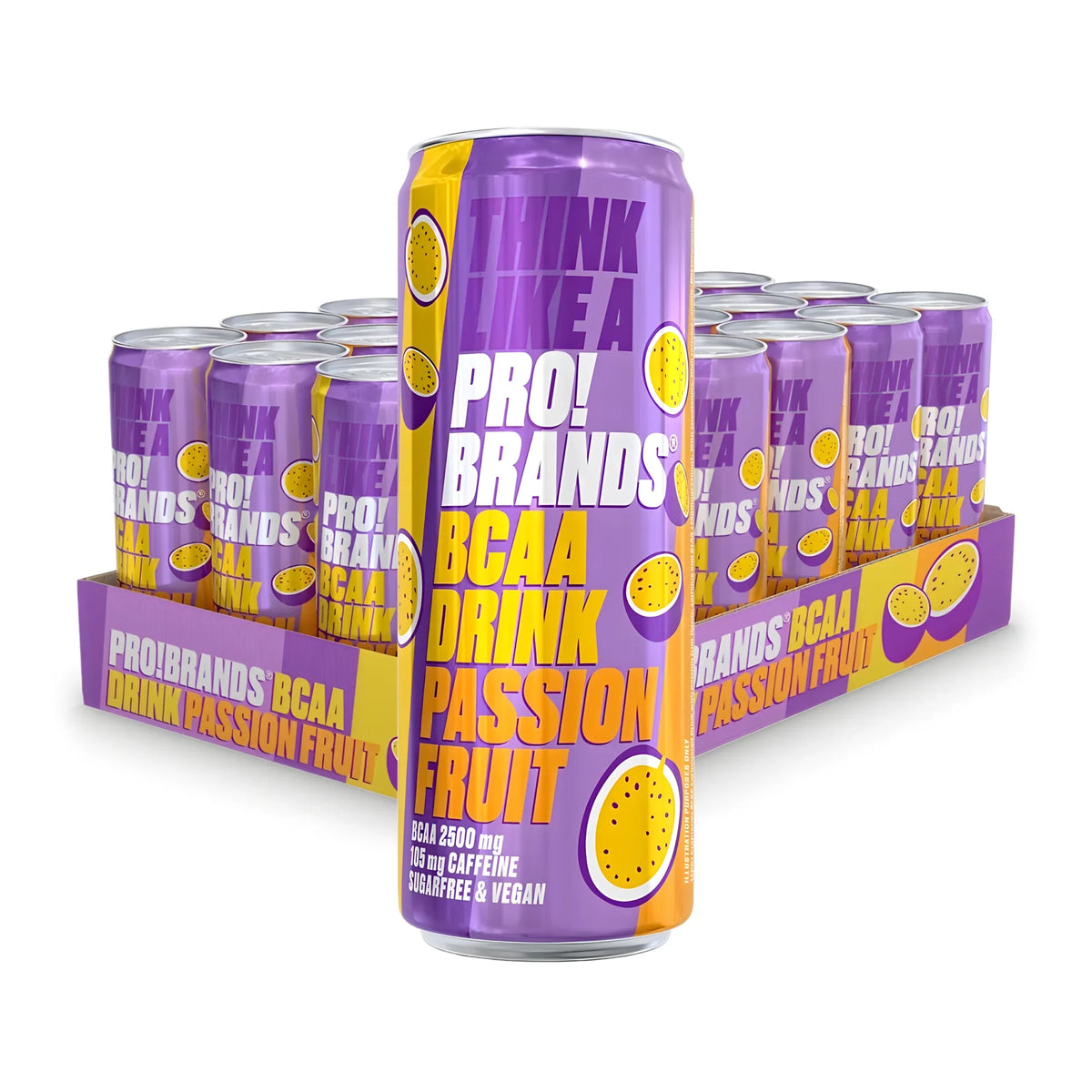 24 x Pro Brands BCAA Drink 330 ml Passionfruit (105 mg koffein) i ett flak med lila och gula burkar med motiv av passionfrukt.