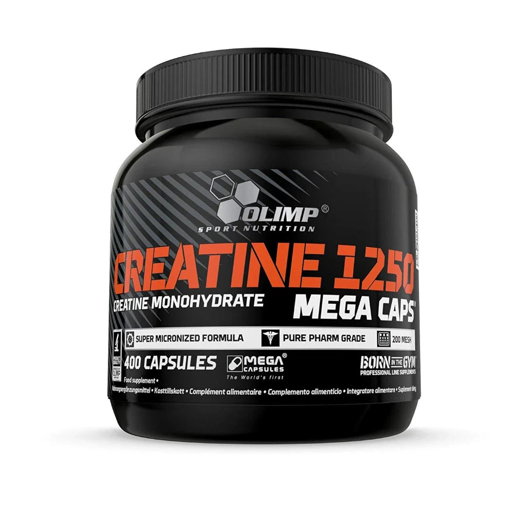 Olimp Creatine Mega caps 400 caps i en svart burk med orange och vit text för ett kraftfullt kreatintillskott., bild 1 av 1