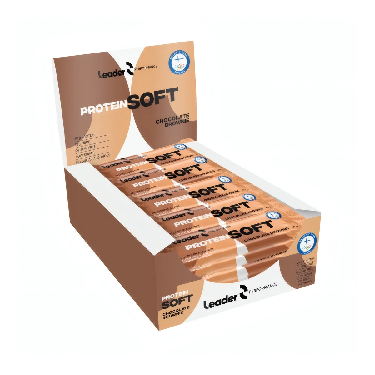Leader Performance Soft Bar 60 g proteinbars i en öppen brun och beige displaylåda för smaken Chocolate Brownie., bild 1 av 1