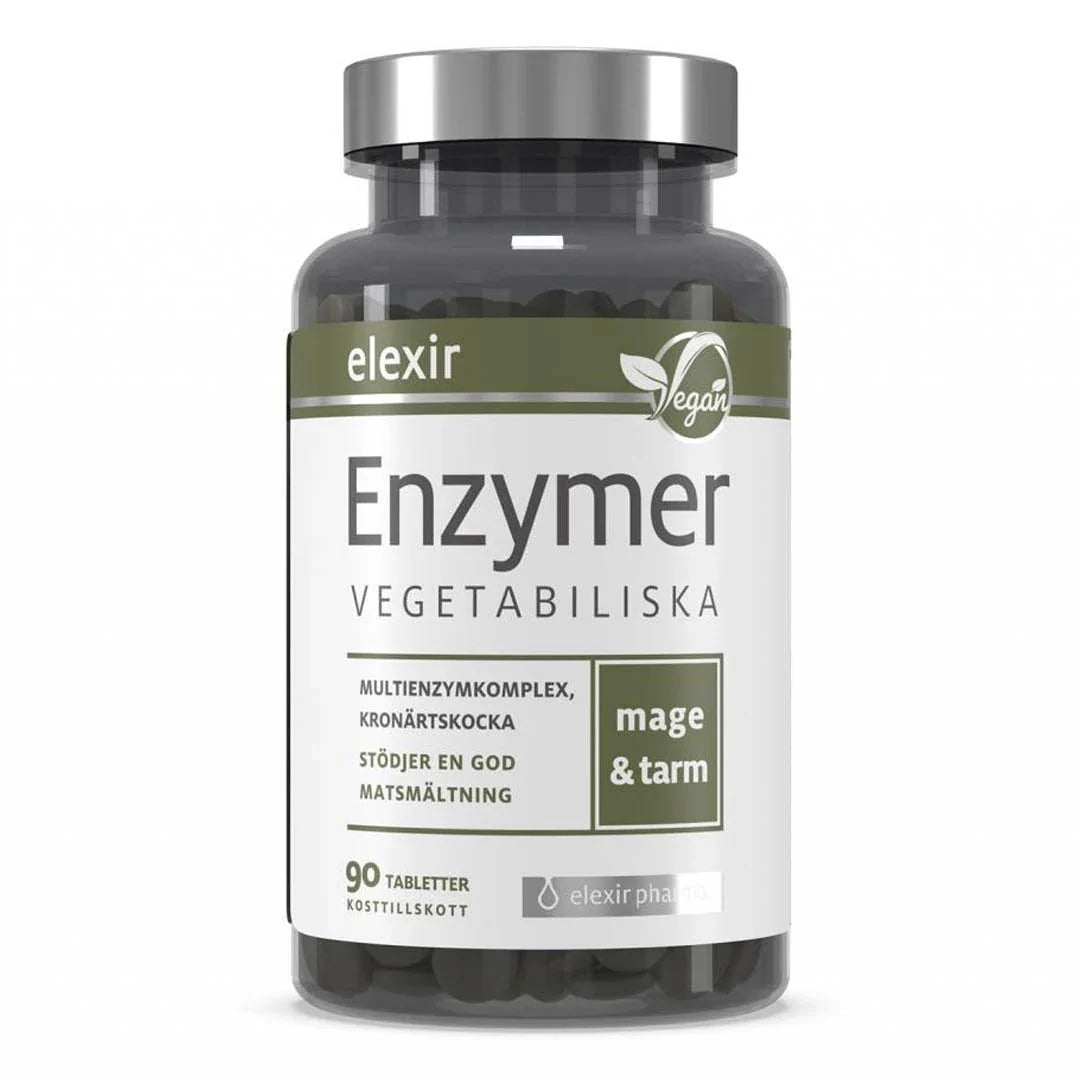 Elexir Pharma Enzymer 90 tabs i en mörk burk med silverfärgat lock och en vit och grön etikett.