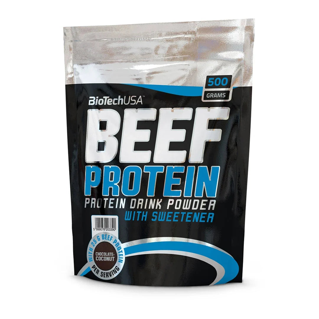 BioTechUSA Beef Protein 500 g biffprotein i en svart och silvrig påse med blå detaljer, smak Chocolate Coconut., bild 1 av 1