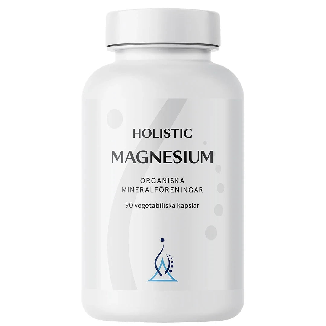 Holistic Magnesium 120 mg 90 caps kosttillskott i en vit plastburk med grå och blå detaljer., bild 1 av 1