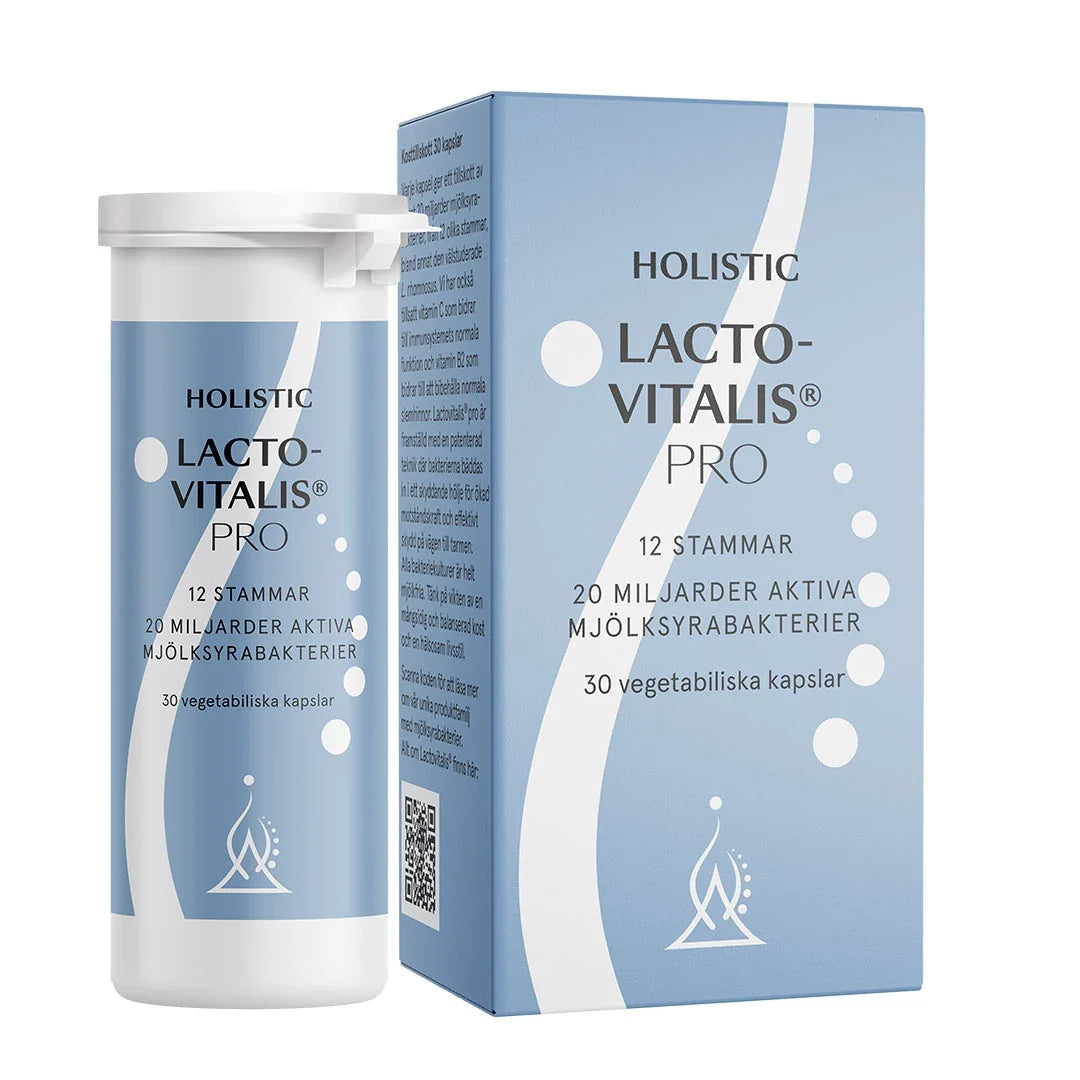 Holistic Lactovitalis® pro 30 caps kosttillskott förpackad i en ljusblå och vit burk med tillhörande kartong.