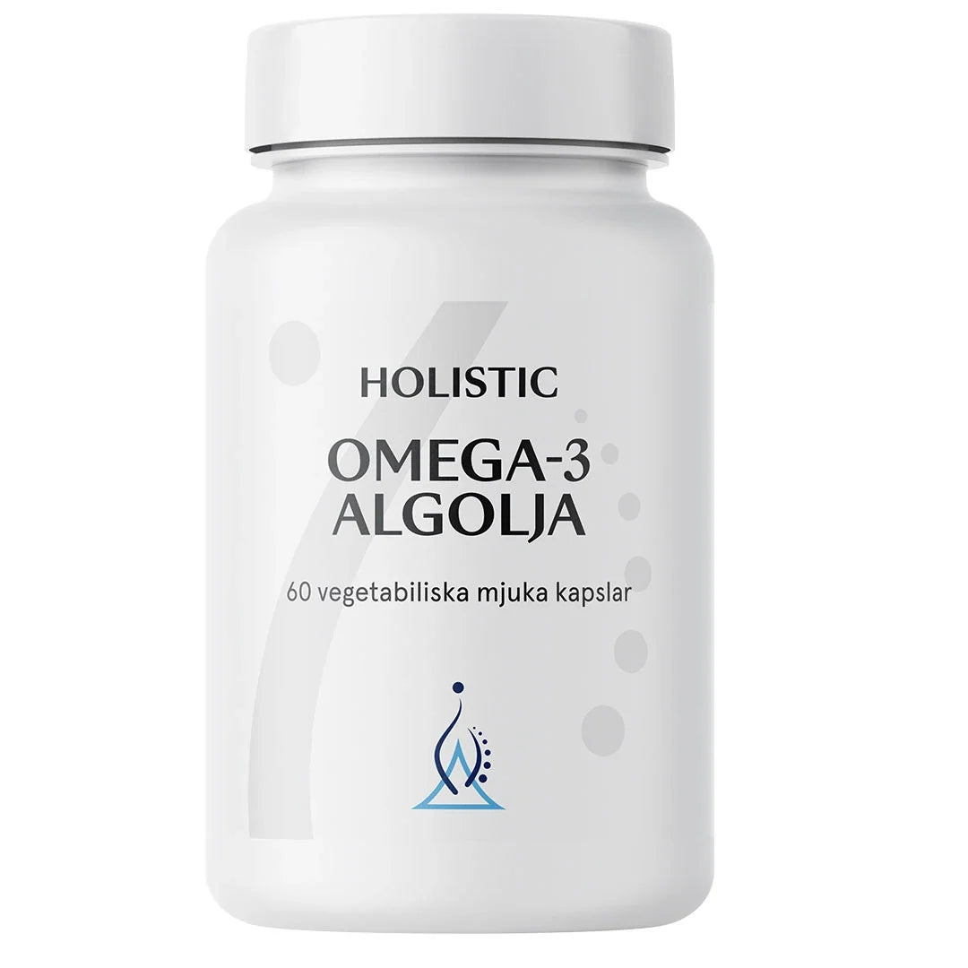 Holistic Omega-3 algolja 60 caps förpackad i en stilren vit burk med grå och blå grafiska detaljer.
