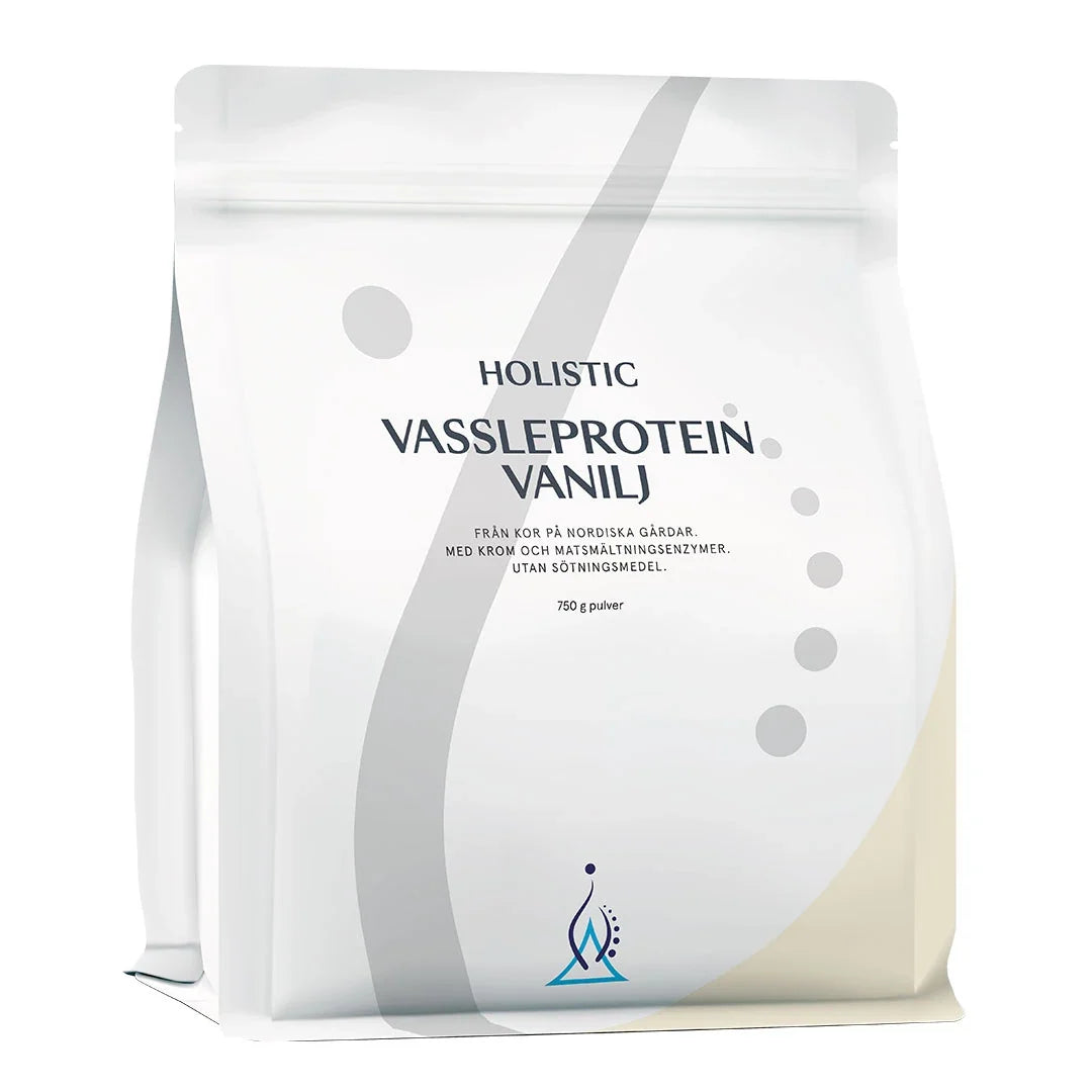 Holistic Vassleprotein 750 g proteinpulver i en vit påse med grå detaljer för smaken Vanilj.