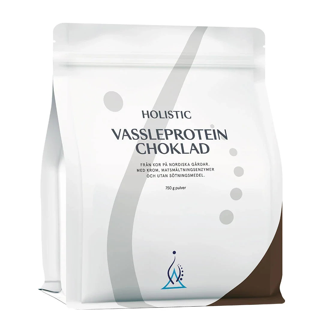 Holistic Vassleprotein 750 g proteinpulver i en vit påse med grå och bruna detaljer för smaken Choklad., bild 2 av 4