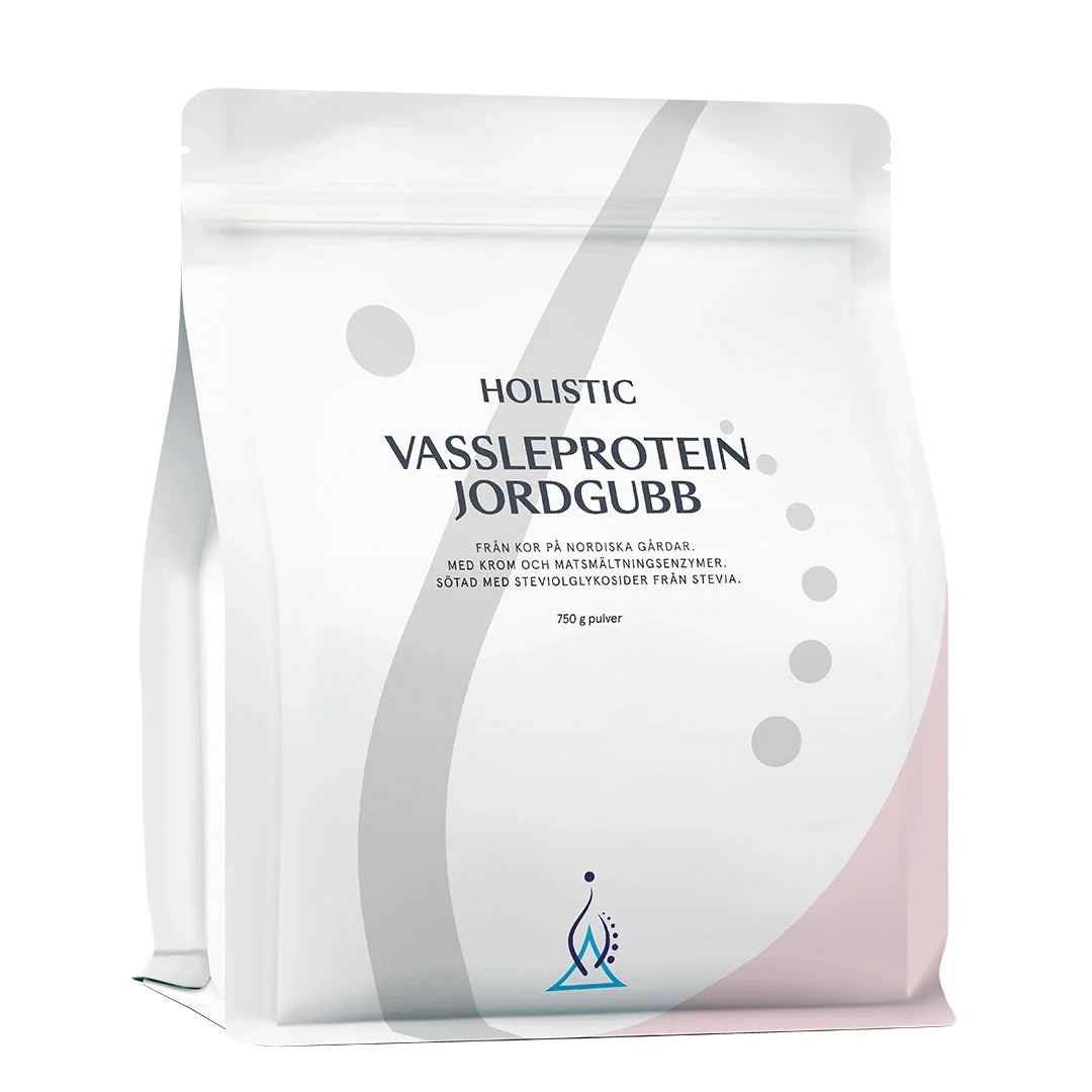 Holistic Vassleprotein 750 g proteinpulver i en vit påse med grå och rosa detaljer för smaken Jordgubb., bild 4 av 4