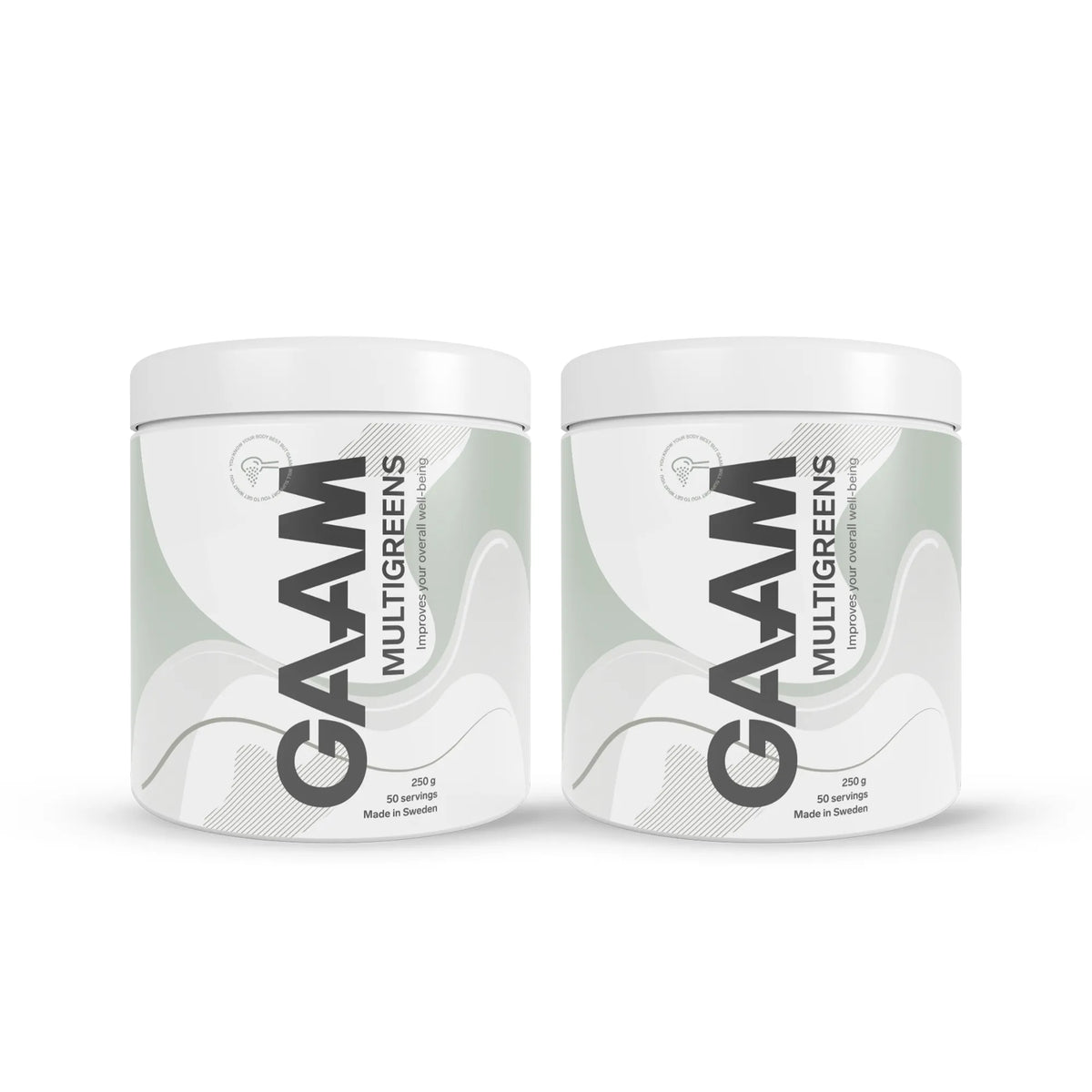 2 x GAAM Multigreens 250 g kosttillskott i två vita burkar med gråa och gröna detaljer.