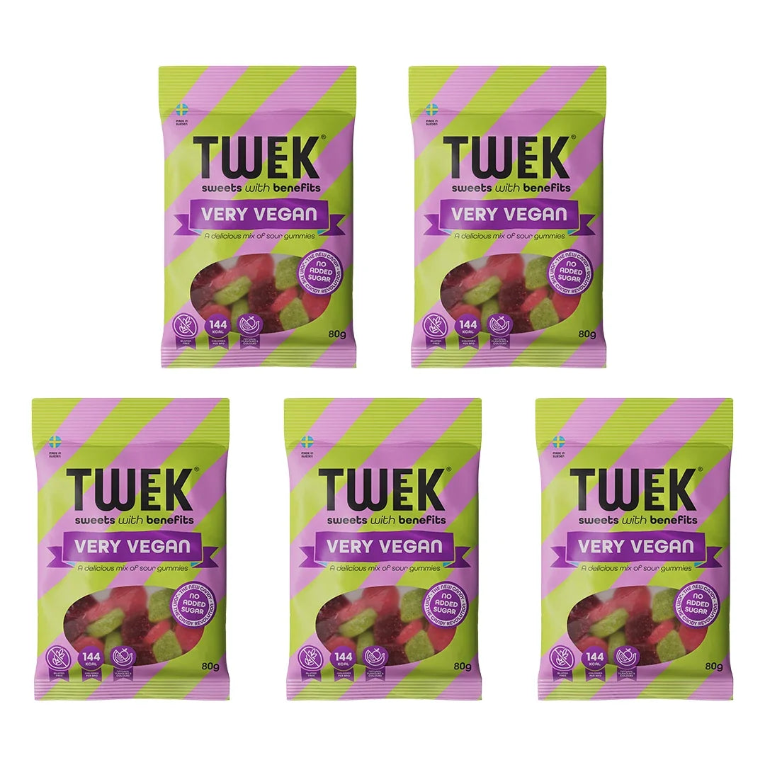 5 x Tweek Sweets 80 g Very Vegan i gröna och lila påsar med sura gelégodisar., bild 1 av 1