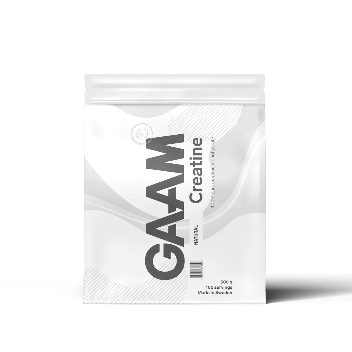 En vit påse med GAAM Creatine Monohydrate Kreatin 500 g, ett naturellt kreatinpulver., bild 1 av 1
