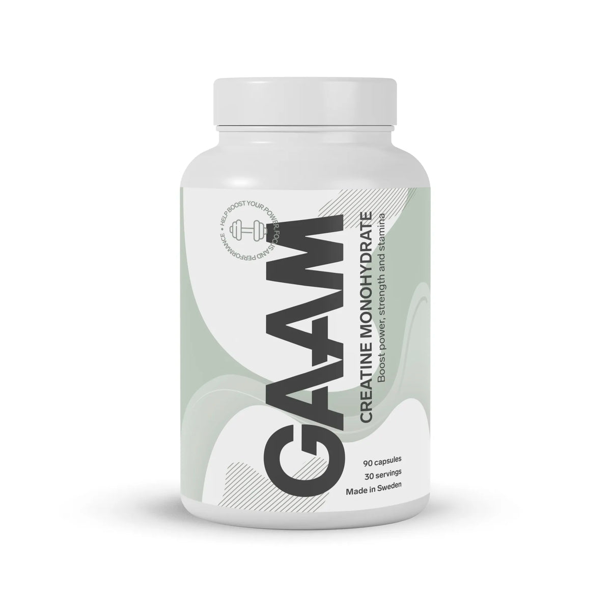 GAAM Creatine Monohydrate Kreatin 90 caps i en vit burk med ljusgröna detaljer på etiketten.