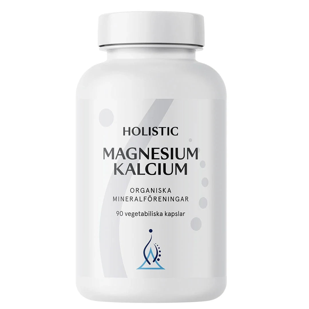 Holistic Magnesium/Kalcium 80/40 mg 90 caps kosttillskott i en stilren vit plastburk med grå detaljer., bild 1 av 1