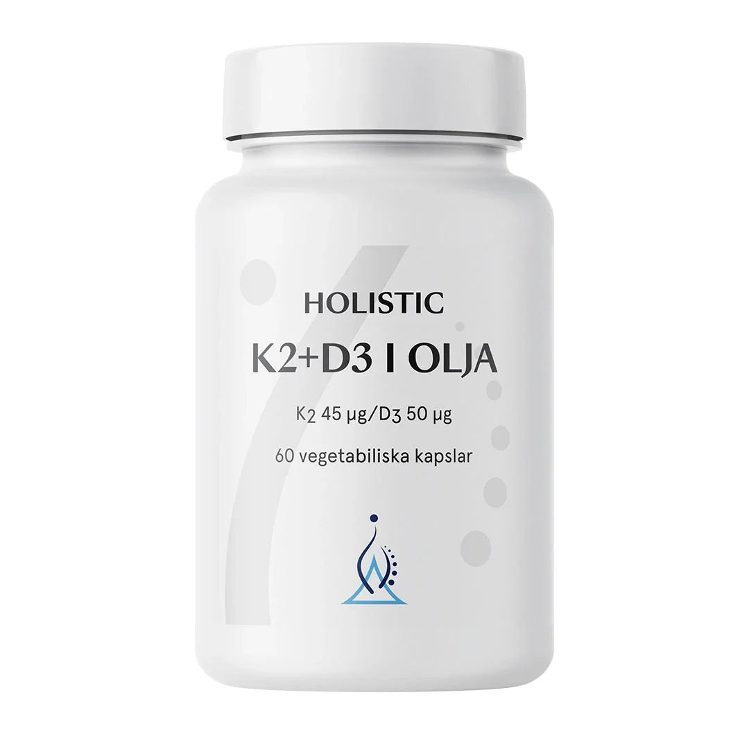 Holistic K2+D3 i olja 60 caps i en vit burk med svarta och gråa textdetaljer., bild 1 av 1