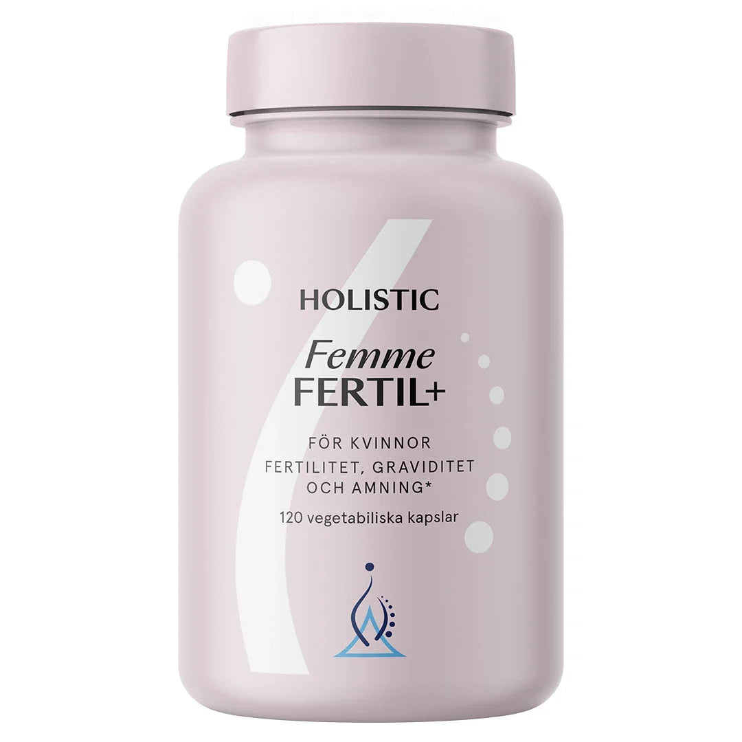 Holistic Femme Fertil+ 120 caps multivitamin i en ljuslila burk med vit text och grafiska detaljer.