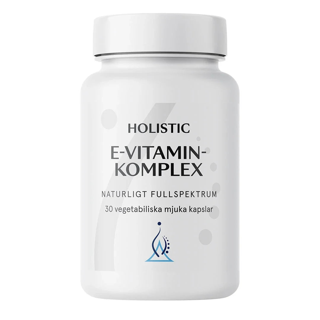 Holistic E-vitaminkomplex 30 caps veganskt E-vitamin, förpackat i en stilren vit burk.