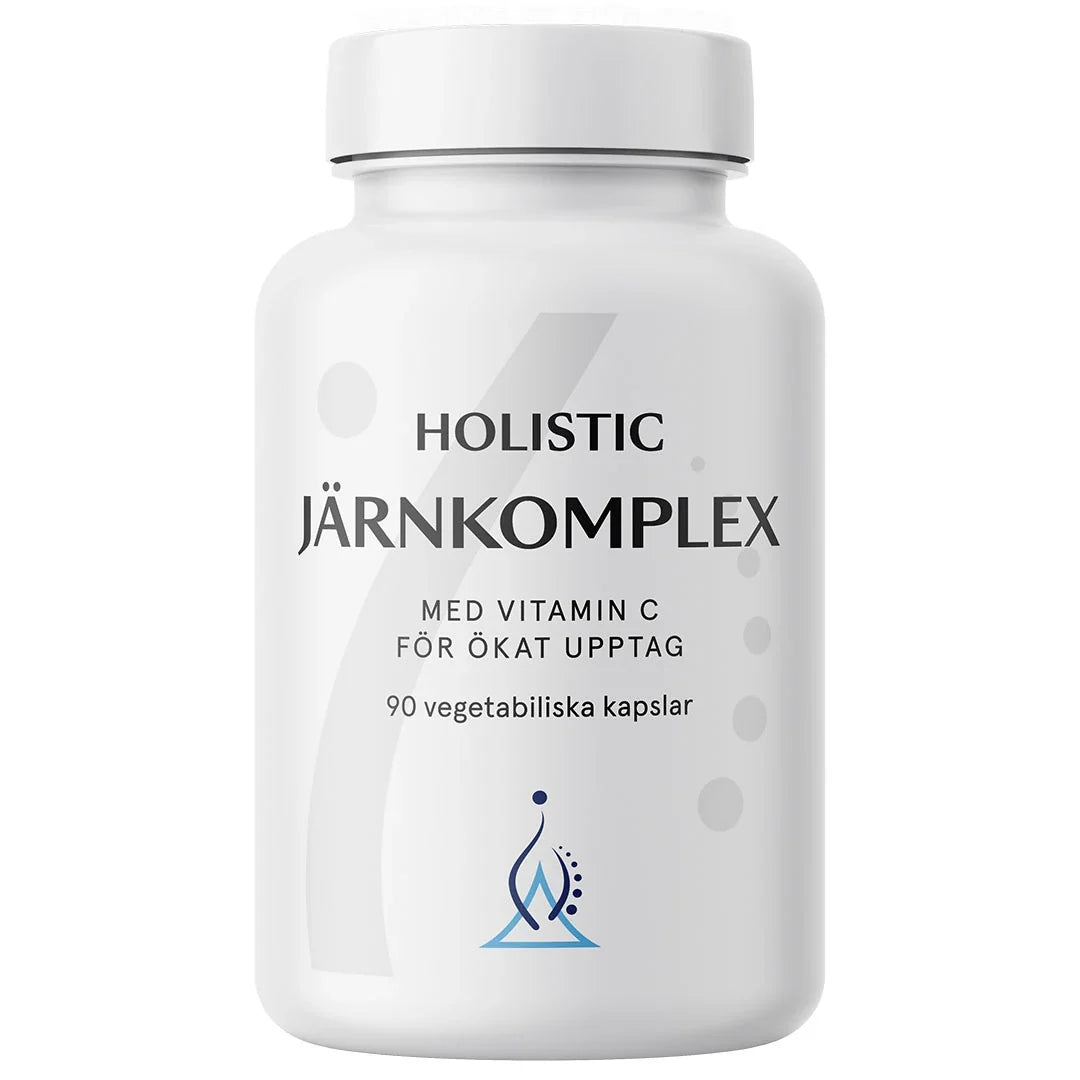 Holistic Järnkomplex 25 mg 90 caps järntillskott, förpackad i en stilren vit burk med svart text., bild 1 av 1