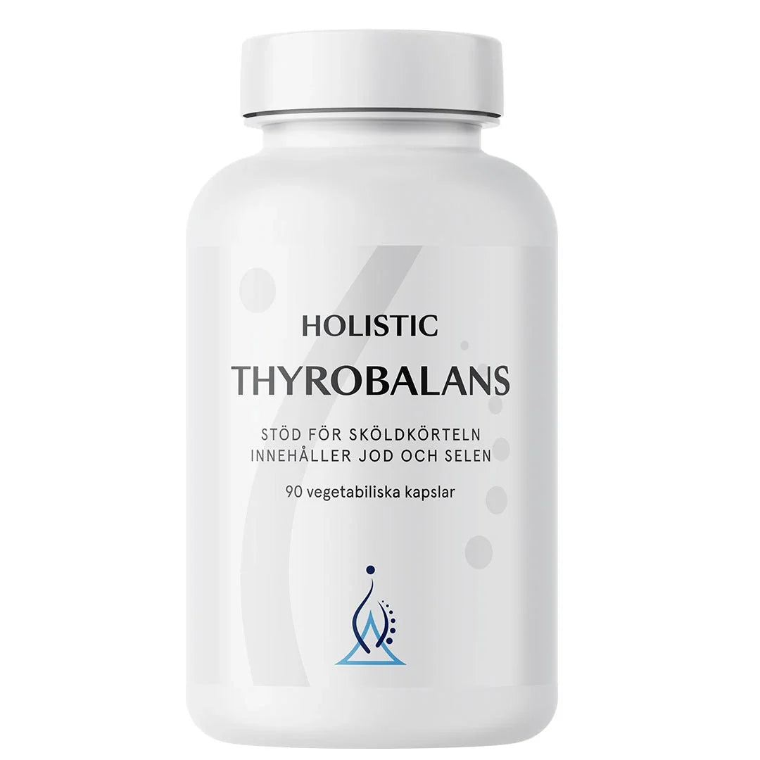 Holistic Thyrobalans 90 caps kosttillskott i en vit plastburk med grå och blå grafiska detaljer., bild 1 av 1