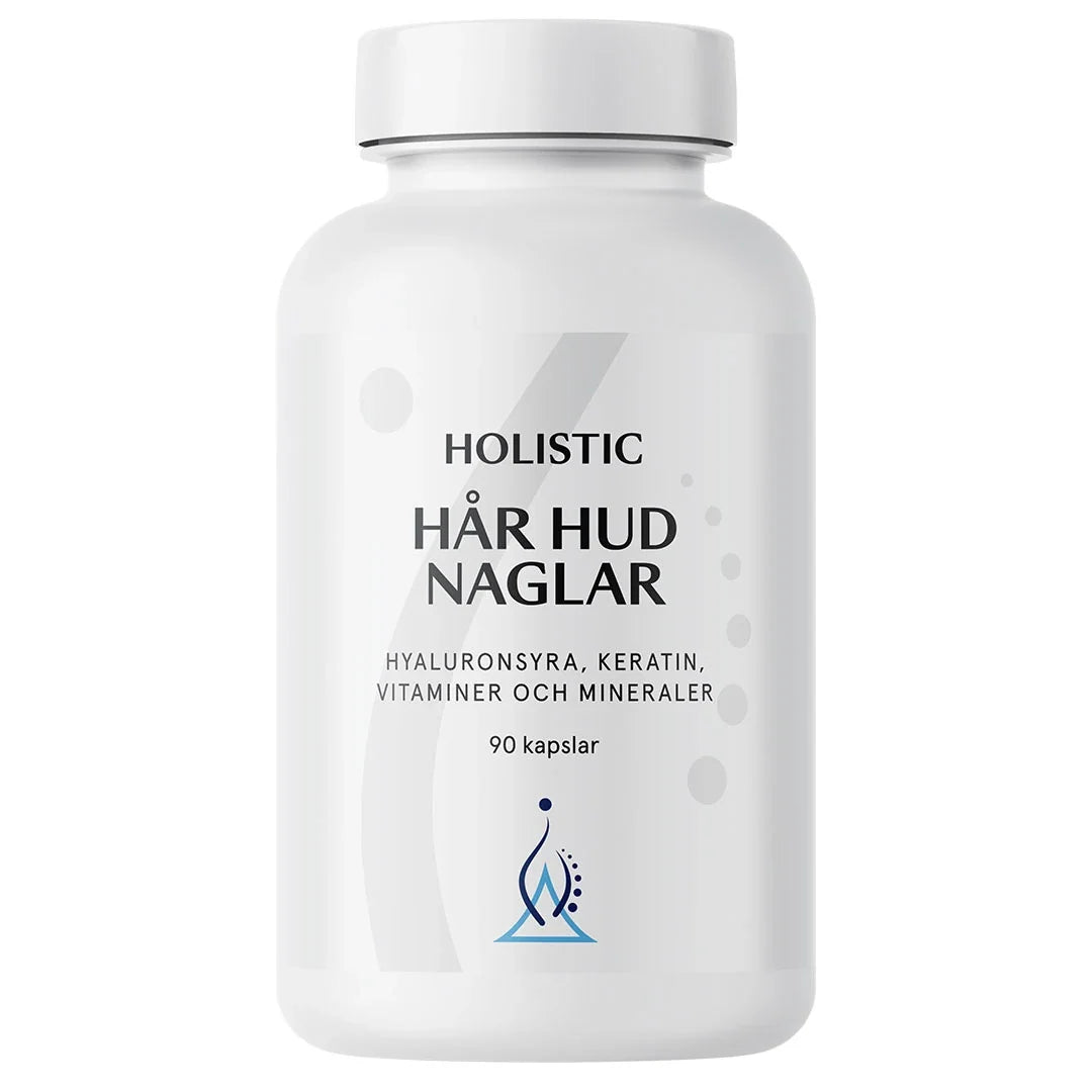 Holistic Hår Hud Naglar 90 caps kosttillskott i en stilren vit burk med minimalistisk design., bild 1 av 1
