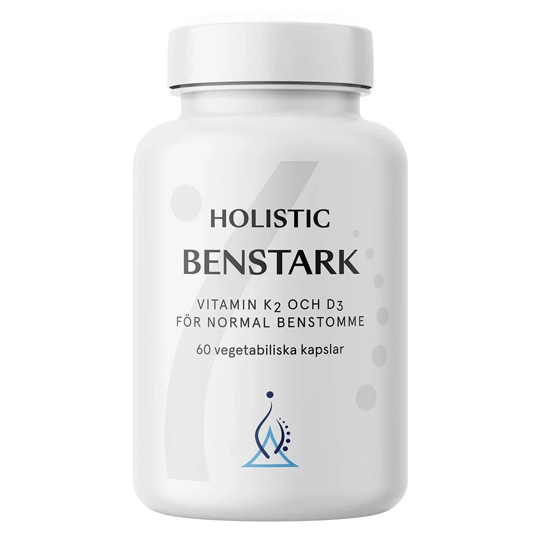Holistic Benstark 60 caps i en stilren vit burk, med vitamin K2 och D3 för en normal benstomme.