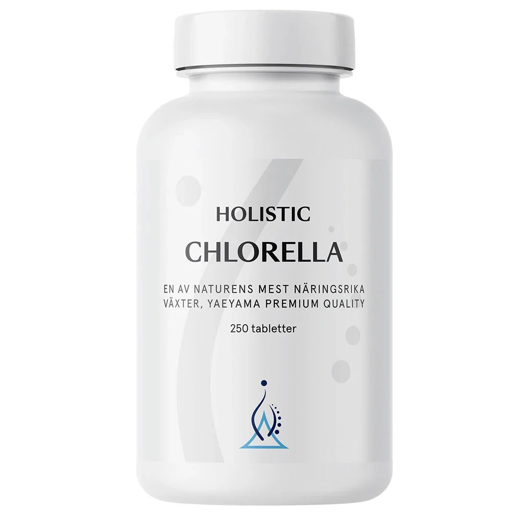 Holistic Chlorella 250 tabs i en stilren vit burk med grå och blå detaljer.