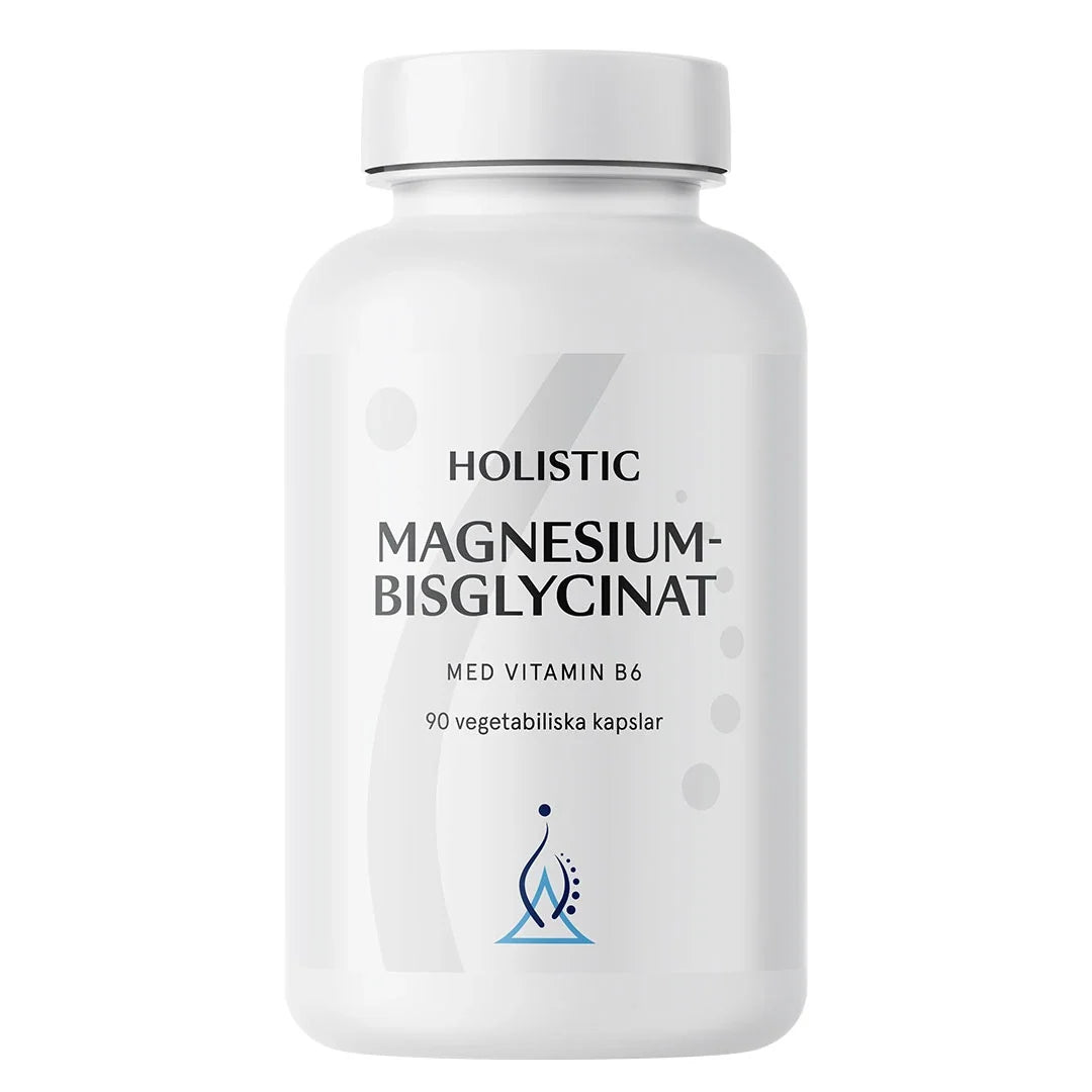 Holistic Magnesiumbisglycinat 100 mg 90 caps förpackad i en vit burk med ljusgrå detaljer., bild 1 av 1
