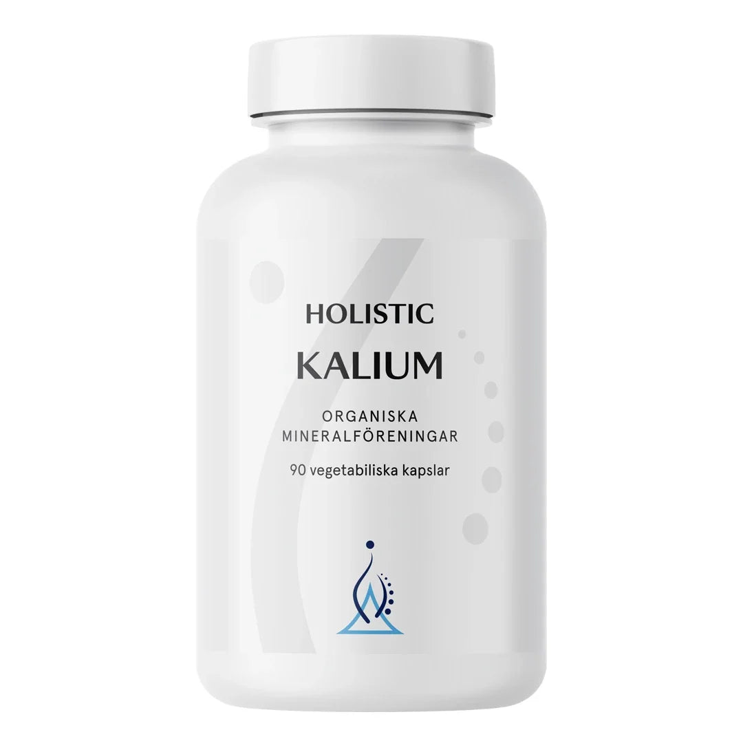 Holistic Kalium 250 mg 90 caps kosttillskott i en vit burk med grå detaljer.