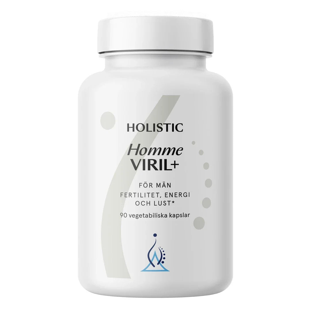 Holistic Homme Viril+ 90 caps multivitamin för män, förpackad i en vit burk med stilren design och svarta textdetaljer.