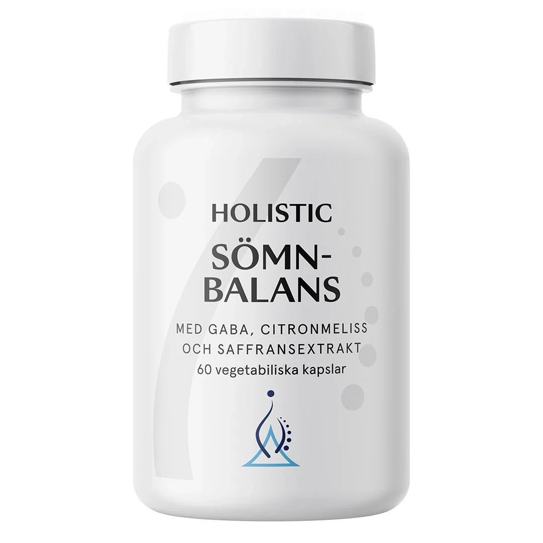 Holistic Sömnbalans 60 caps, en vit burk med sömntillskott innehållande örter, aminosyror och saffransextrakt.