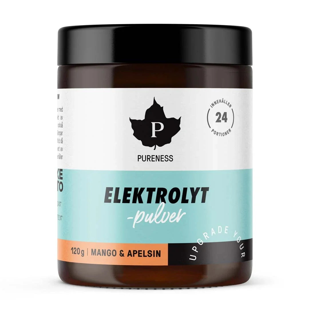 Pureness Elektrolytpulver 120 g i en mörk burk med vit, ljusblå och orange etikett för smaken Mango &amp; Apelsin., bild 2 av 7