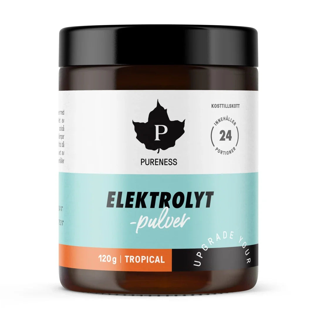 Pureness Elektrolytpulver 120 g i en mörkbrun burk med ljusblå etikett för smaken Tropical., bild 5 av 7