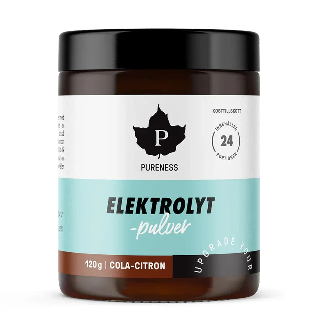 Pureness Elektrolytpulver 120 g i en mörkbrun burk med vit och ljusblå etikett för smaken Cola-citron., bild 6 av 7