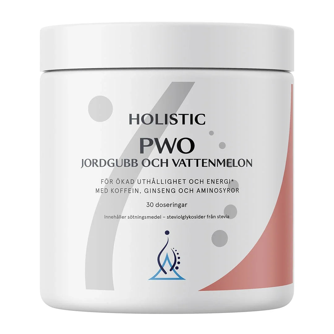 Holistic PWO 345 g i en vit burk med grå och röda detaljer för smaken Jordgubb & Vattenmelon.
