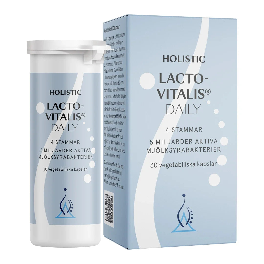 Holistic Lactovitalis® daily 30 caps med mjölksyrabakterier, förpackad i en vit burk och ljusblå kartong., bild 1 av 1