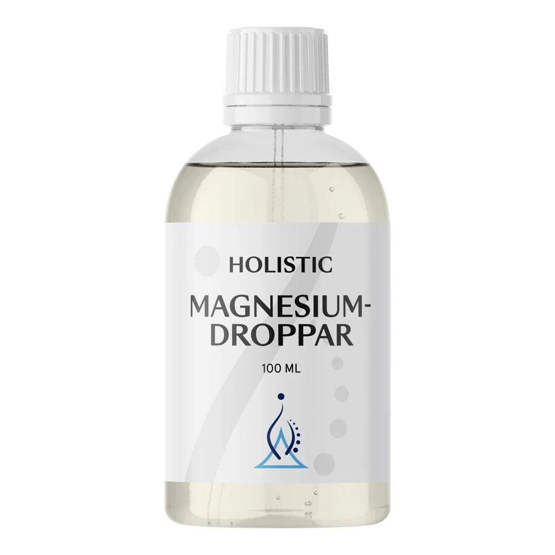 Holistic Magnesiumdroppar 100 ml, ett flytande kosttillskott i en genomskinlig flaska med vit etikett.